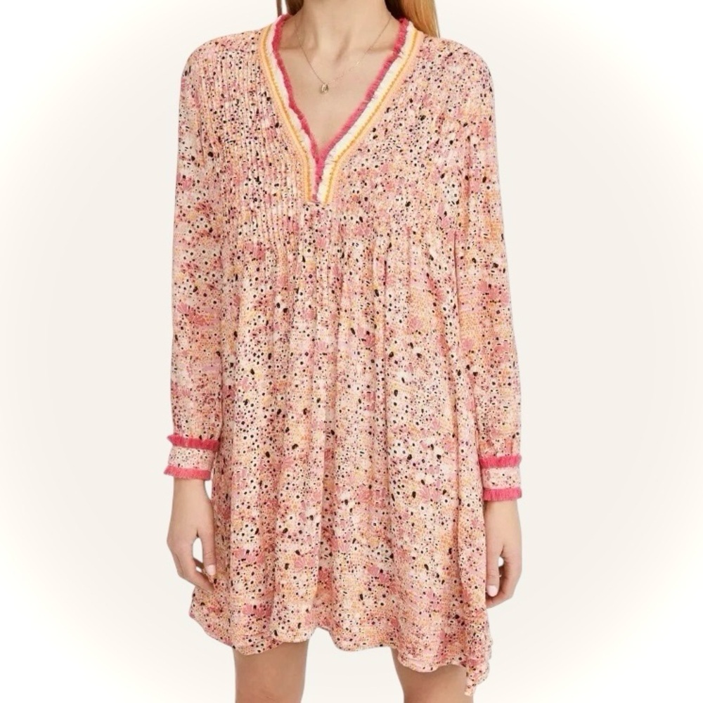 POUPETTE ST BARTH Boho Fringe Trim Mini Ola Dress Long Sleeve Size S - Picture 4 of 11